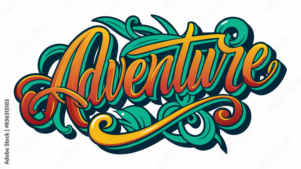 Vibrant text word Adventure with dynamic swirls bold color scheme, perfect for travel-themed projects, posters, branding, and digital designs. Eye-catching, energetic, capturing spirit of exploration