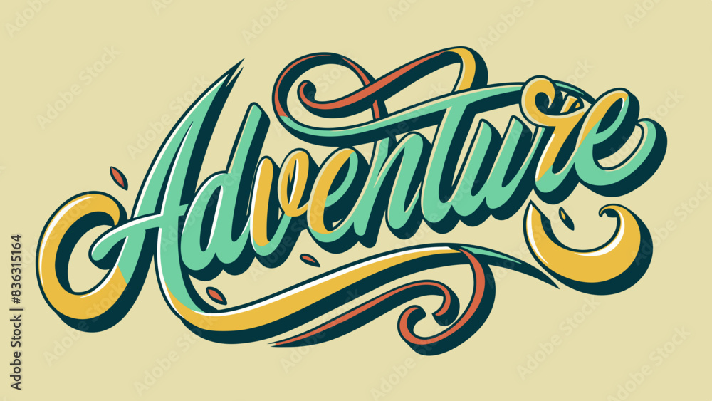 Vibrant text word Adventure with dynamic swirls bold color scheme, perfect for travel-themed projects, posters, branding, and digital designs. Eye-catching, energetic, capturing spirit of exploration Vibrant text word Adventure with dynamic swirls bold color scheme, perfect for travel-themed projects, posters, branding, and digital designs. Eye-catching, energetic, capturing spirit of exploration