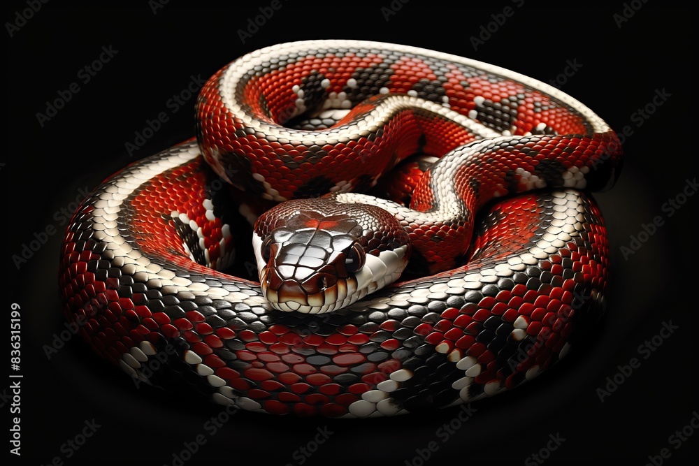 Fototapeta premium Close-up of red snake on a black background, studio shot