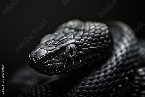 Close up view of the head of a black snake on a black background.