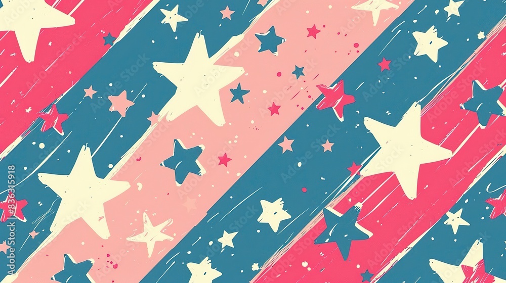 Abstract pattern with diagonal stripes and stars in pink, blue, and white. Abstract pattern with diagonal stripes and stars in pink, blue, and white.
