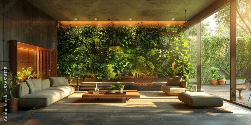 Fototapeta premium Modern living room with large windows, natural light, greenery, and stylish furniture creating a tranquil and inviting atmosphere.