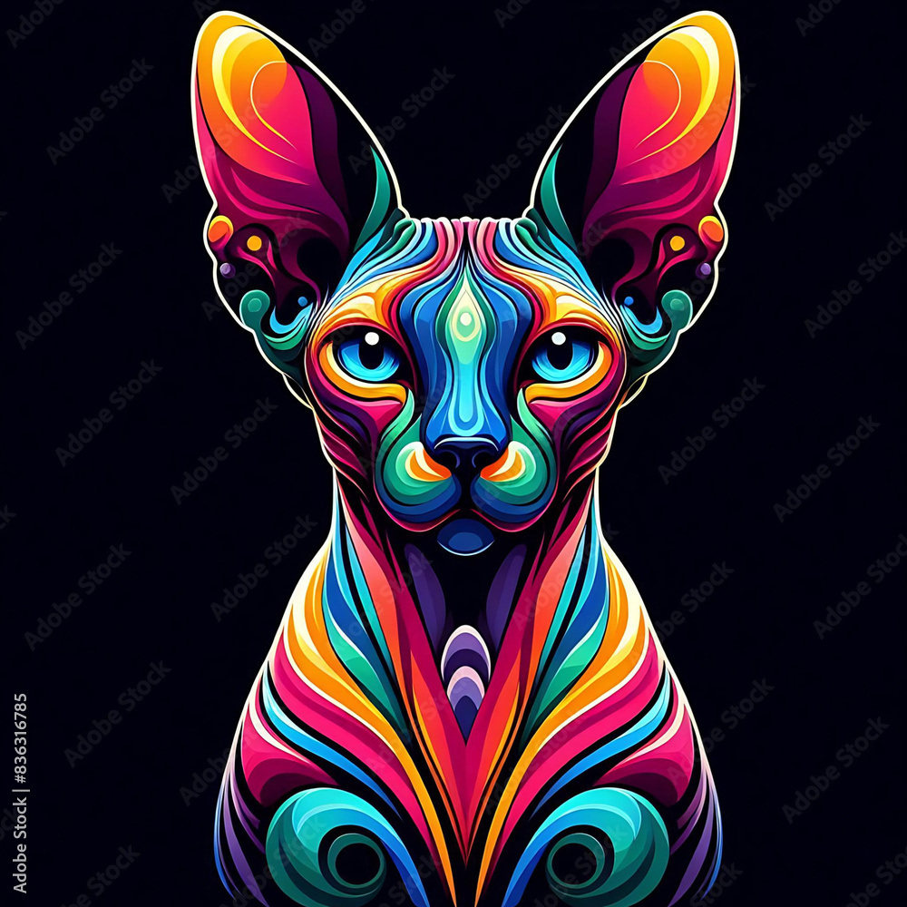 a vibrant, stylized Sphynx cat. with spectrum of bright, bold colors a vibrant, stylized Sphynx cat. with spectrum of bright, bold colors