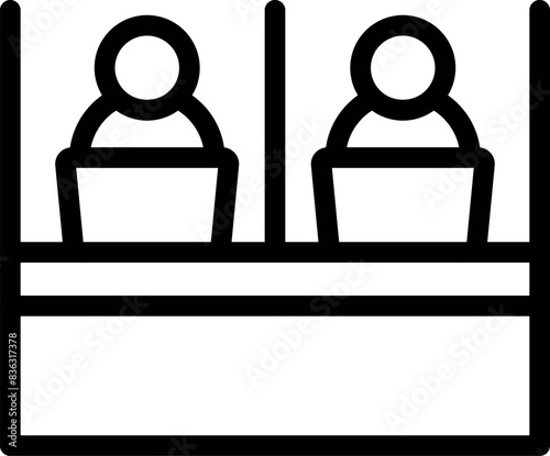 Simplified black and white icon depicting two individuals at their workstations, facing forward