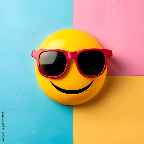 Smiley Icon Wearing Sunglasses on a Pastel Pink, Yellow and Blue Backdrop
