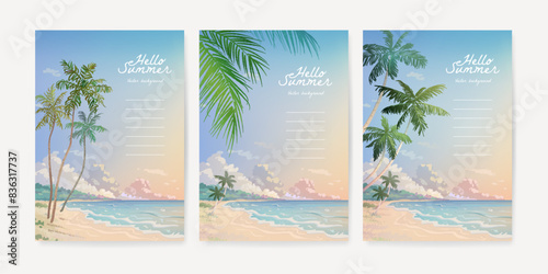 Set of beautiful sandy summer beach and palm trees background for poster, banner, cover, flyer and greeting card. Collection of sea landscape. Vector illustration