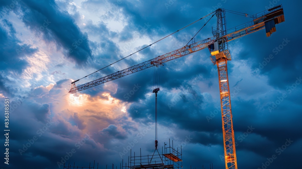 The construction of a building with a crane against the backdrop of a stormy sky The construction of a building with a crane against the backdrop of a stormy sky