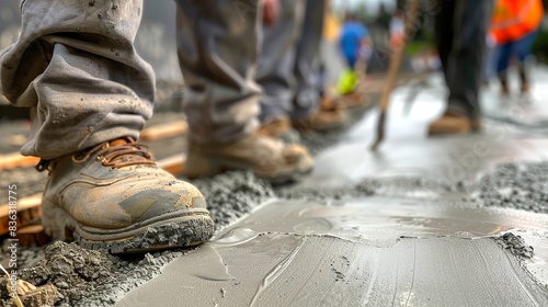 Construction workers wearing safety shoes and working on a concrete project