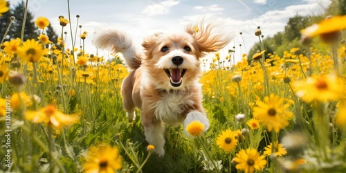 Wideangle shot of a joyful dog running in a sunny flower meadow. Concept Pet Photography, Nature Scenes, Stunning Landscapes, Sunlit Meadows, Action Shots photo