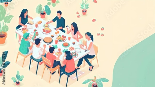 Group of friends enjoying a meal together at a table. photo