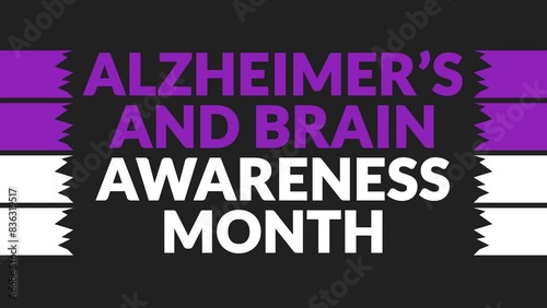 Alzheimer's and Brain Awareness Month seamless looping Text Animation with side lines on Black background, Alzheimer's and Brain Awareness Month observed each year in June for celebrating and wishing.