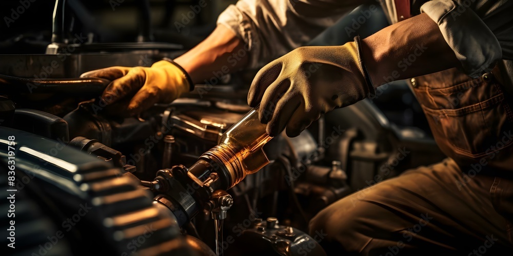 Mechanic pouring oil into car engine with work glove closeup shot. Concept Automotive Photography, Mechanic at Work, Close-Up Photography, Oil Change, Machinery Detail