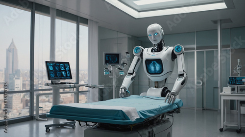 A futuristic AI-powered healthcare robot assisting a doctor in a surgery room. Generated AI.