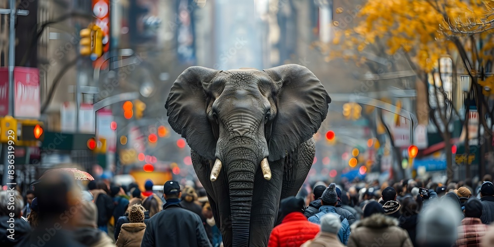 Elephant strolling through a bustling city street. Concept Wildlife in Urban Setting, Unexpected Encounters, Surreal City Scenes, Animal Adventures, Urban Wildlife Encounters Elephant strolling through a bustling city street. Concept Wildlife in Urban Setting, Unexpected Encounters, Surreal City Scenes, Animal Adventures, Urban Wildlife Encounters