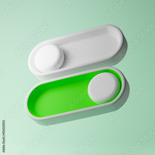 Off and on toggle switch buttons isolated over lime green background. App sliders concept. Mockup template. 3d rendering. photo