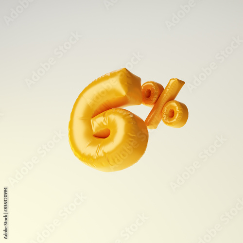 Inflated yellow six percent or 6 % isolated over white background. 3D rendering. photo