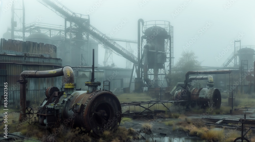 A misty, desolate industrial park with rusty machinery and dilapidated buildings, a haunting relic of the past. A misty, desolate industrial park with rusty machinery and dilapidated buildings, a haunting relic of the past.