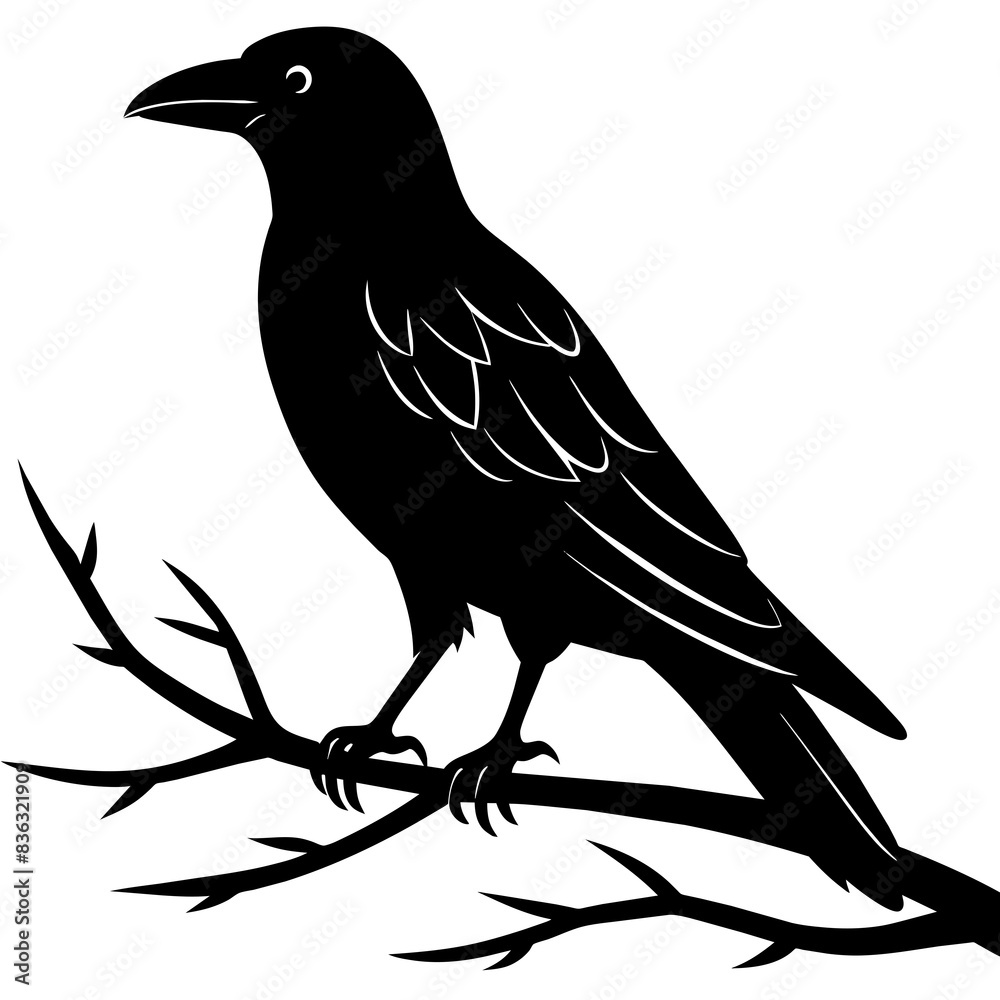 Fototapeta premium Crow sitting on a branch vector silhouette illustration.