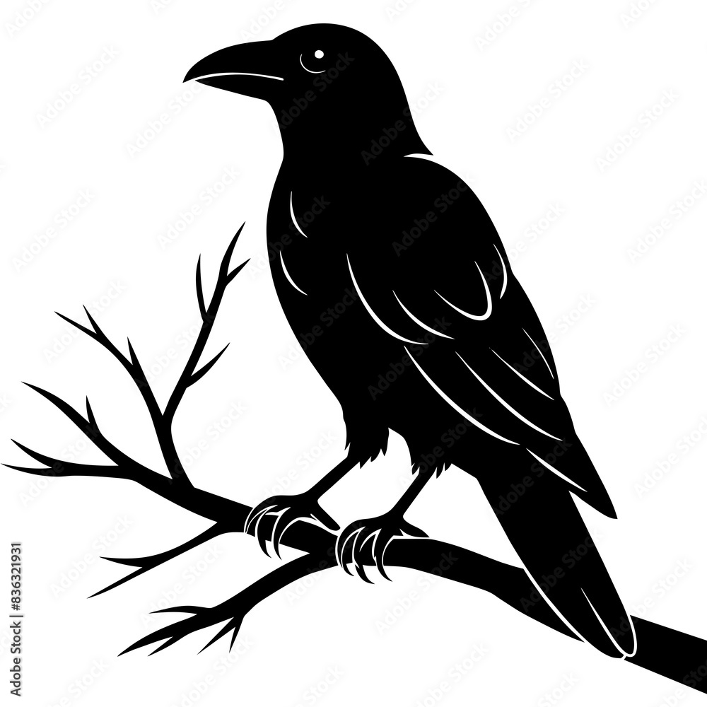 Fototapeta premium Crow sitting on a branch vector silhouette illustration.