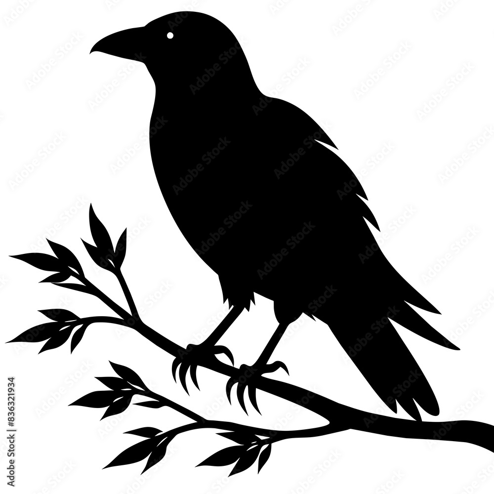 Fototapeta premium Crow sitting on a branch vector silhouette illustration.