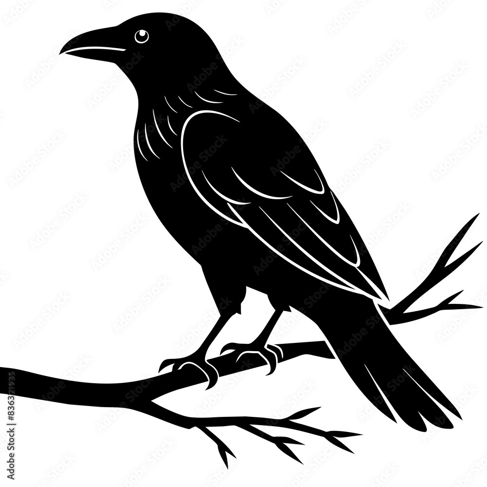 Fototapeta premium Crow sitting on a branch vector silhouette illustration.