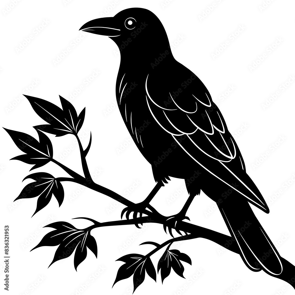 Crow sitting on a branch vector silhouette illustration.