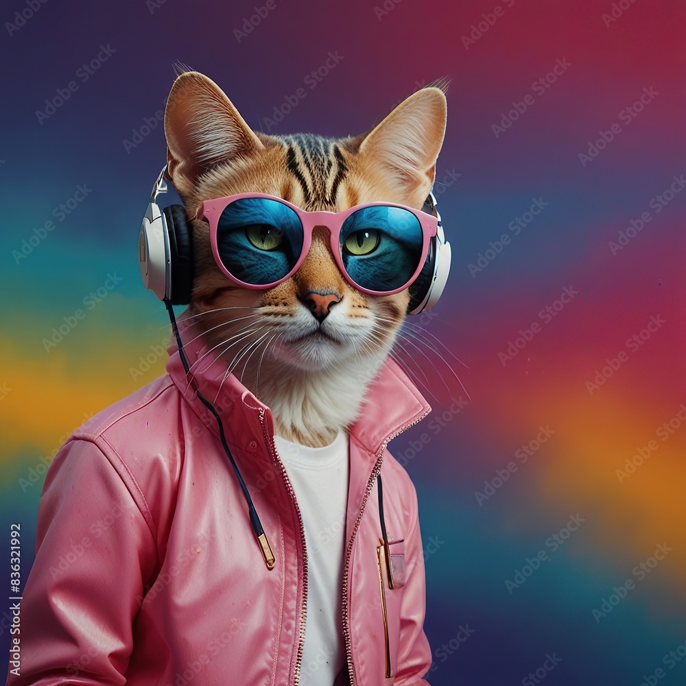 illustration of a fantasy character with a cat head in sunglasses and headphones wearing a white jacket, and listening to music against a pink and blue background illustration of a fantasy character with a cat head in sunglasses and headphones wearing a white jacket, and listening to music against a pink and blue background