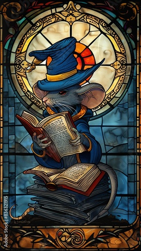 A mouse is sitting on top of a stack of books and reading photo