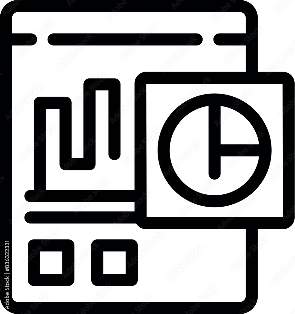 Black line art icon of a dashboard with graphs and pie chart for data analysis representation Black line art icon of a dashboard with graphs and pie chart for data analysis representation