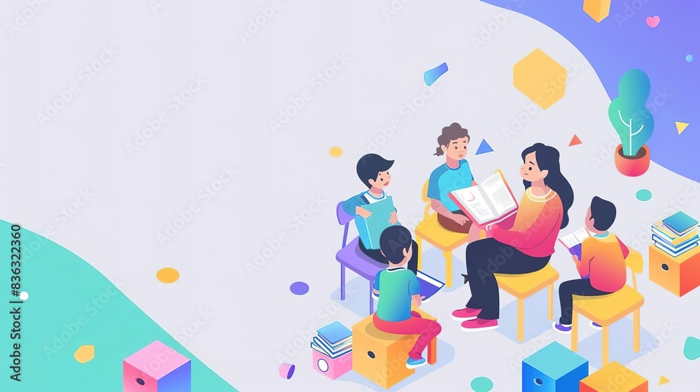 Teacher reading to students in a colorful classroom setting. Teacher reading to students in a colorful classroom setting.