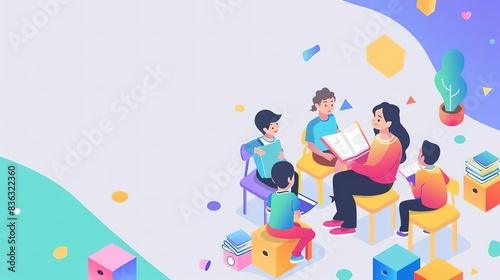 Teacher reading to students in a colorful classroom setting.