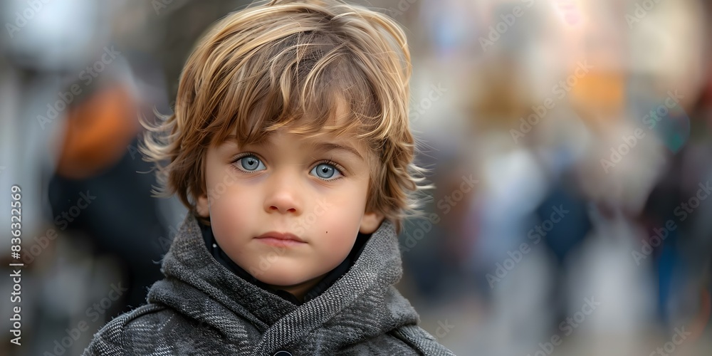Lonely child lost in crowd closeup of scared boy on street. Concept Loneliness, Childhood, Urban Setting, Emotions, Fear Lonely child lost in crowd closeup of scared boy on street. Concept Loneliness, Childhood, Urban Setting, Emotions, Fear