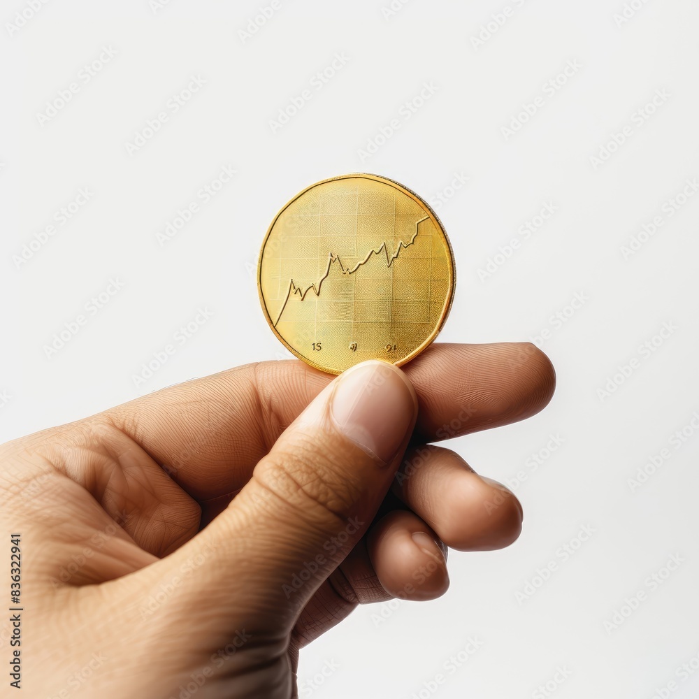 A hand holding a golden coin with a stock market chart displayed on it, signifying the connection between investment and financial growth, on a clean white background. A hand holding a golden coin with a stock market chart displayed on it, signifying the connection between investment and financial growth, on a clean white background.