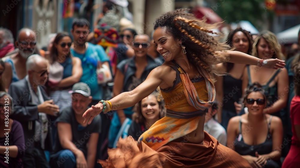 A street performance features a graceful dancer captivating smiling onlookers, creating a vibrant experience.