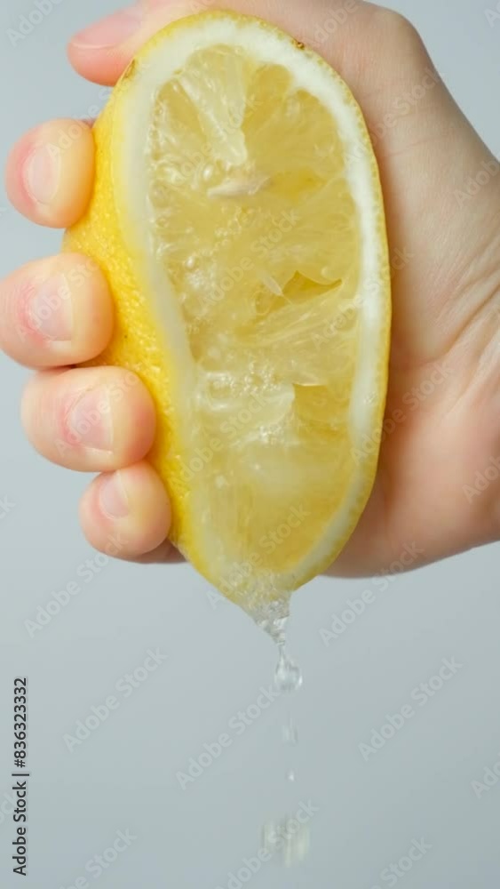 Hand squeezing lemon juice from half a lemon on a white background slow motion.
