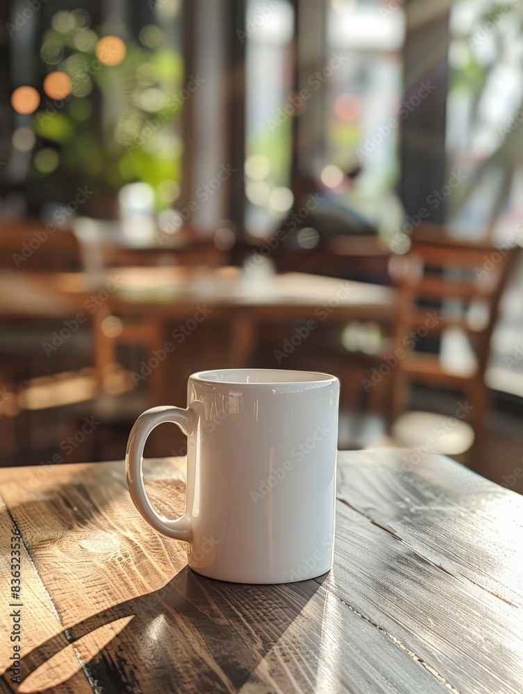 White Coffee Mug on Wooden Table at Outdoor Cafe White Coffee Mug on Wooden Table at Outdoor Cafe