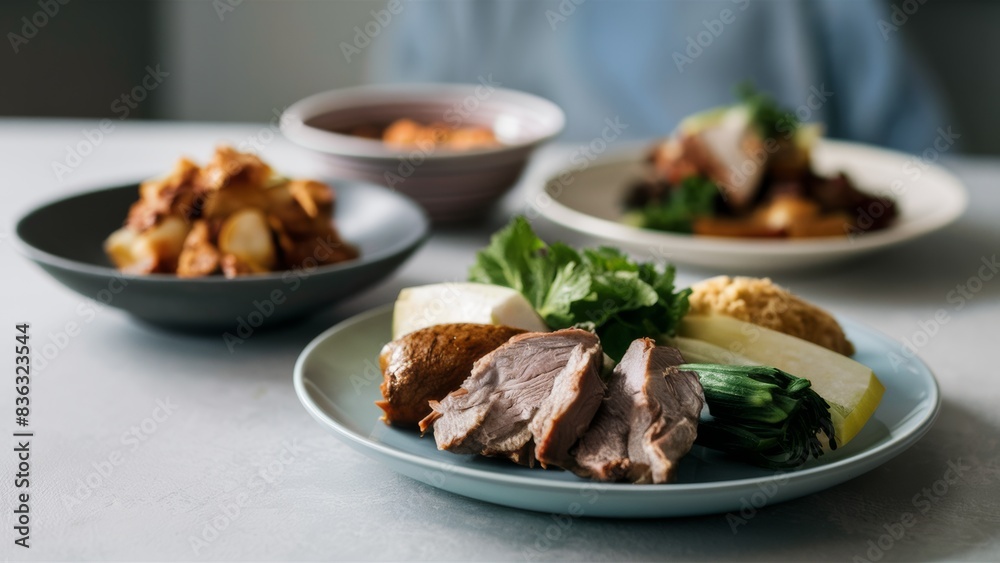 A table with plates of food on it and a bowl, AI A table with plates of food on it and a bowl, AI