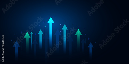 business arrow up growth success technology on dark blue background. investment increase. vector illustration hi-tech.