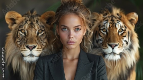 An abstract young woman in a suit with the heads of a lion and a tiger on her shoulders, looking at the camera with a serious expression on her face.