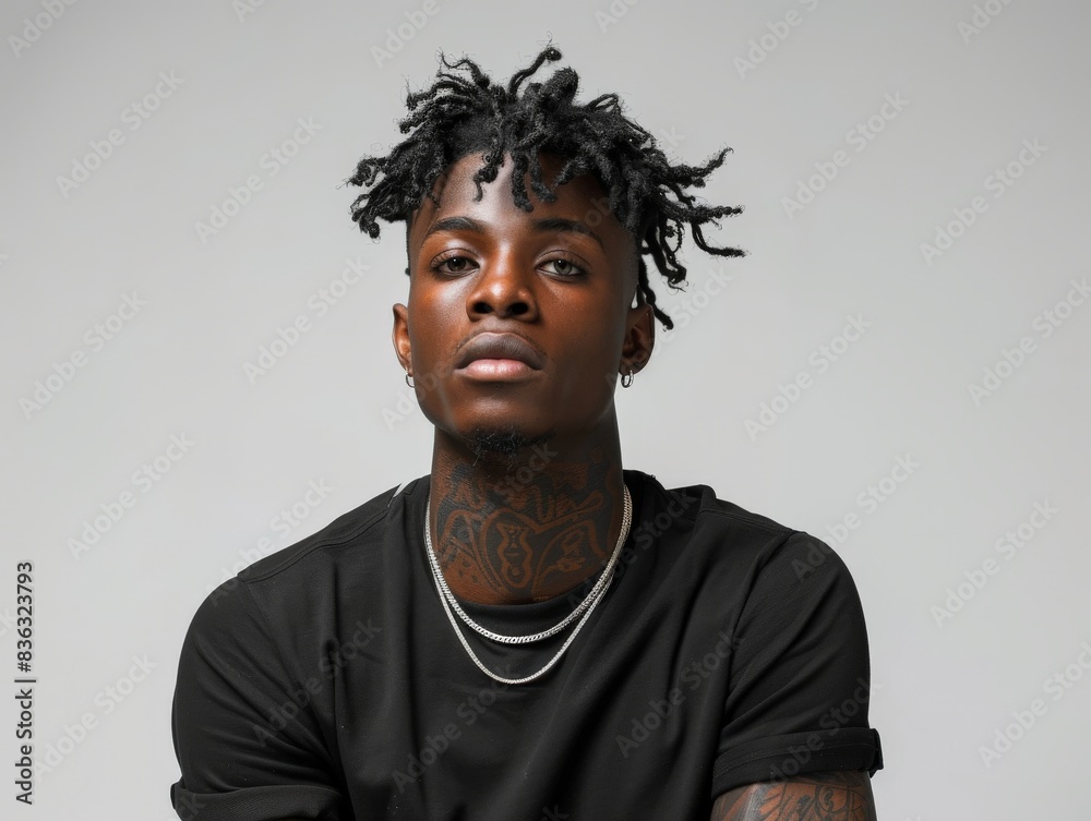 Obraz premium Man Wearing Black T-Shirt With Relaxed Fit and Silver Chains