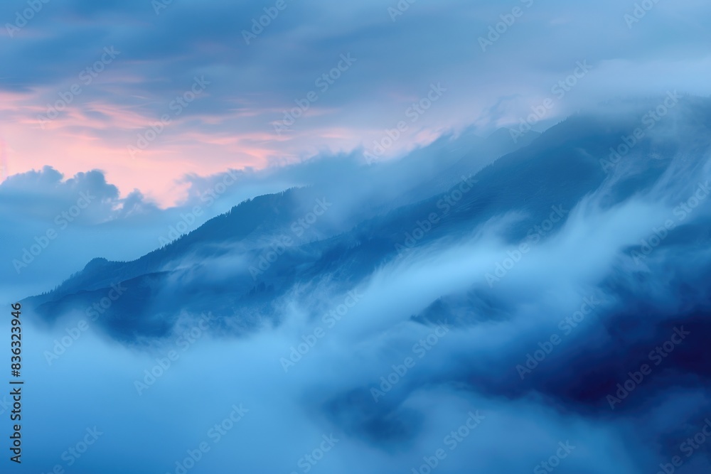 Fototapeta premium Enchanting Twilight Mist over Serene Mountain Landscape Background