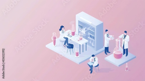 Minimalist flat design of a laboratory with a stethoscope and scientists working, representing the concept of medical science, with copy space for text