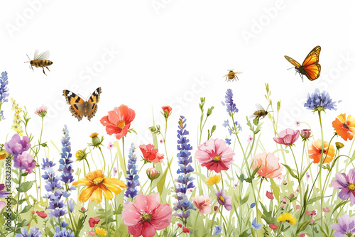 Watercolor wild flower field seamless border, on white background. Hand drawn botanical natural illustration. Summer meadow painting with bees and flying butterflies


