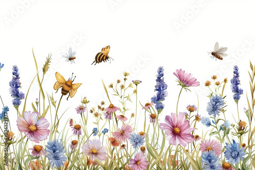 Watercolor wild flower field seamless border, on white background. Hand drawn botanical natural illustration. Summer meadow painting with bees and flying butterflies


