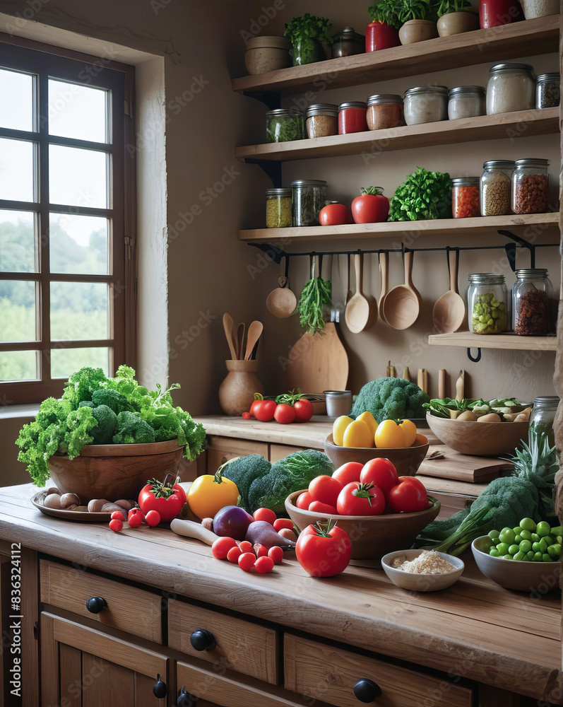 A Rustic Kitchen with Fresh Ingredients on the Counter, Capturing a Homely and Inviting Atmosphere A Rustic Kitchen with Fresh Ingredients on the Counter, Capturing a Homely and Inviting Atmosphere