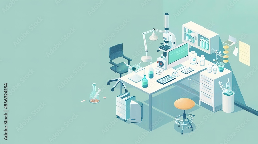 Simple, Flat design of a laboratory with a stethoscope and other medical equipment, ideal for science themes, with space for text Simple, Flat design of a laboratory with a stethoscope and other medical equipment, ideal for science themes, with space for text