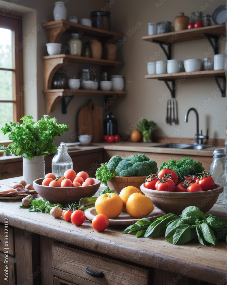 A Rustic Kitchen with Fresh Ingredients on the Counter, Capturing a Homely and Inviting Atmosphere A Rustic Kitchen with Fresh Ingredients on the Counter, Capturing a Homely and Inviting Atmosphere