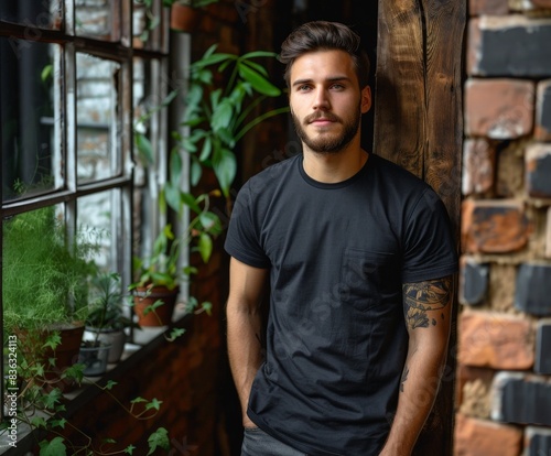 Man Wearing Black T-Shirt Stands Against Brick Wall