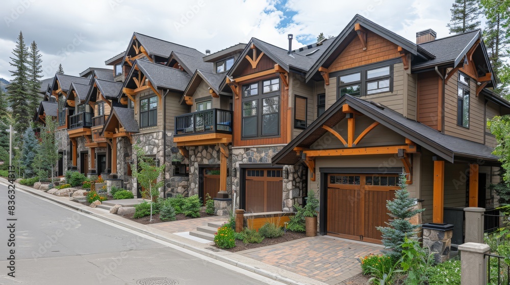 A number of townhouses in the suburbs of Colorado, decorated with stone and wood, creating a cozy and harmonious atmosphere. A number of townhouses in the suburbs of Colorado, decorated with stone and wood, creating a cozy and harmonious atmosphere.