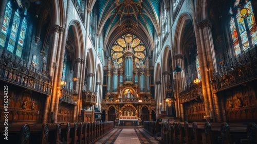 photo of gothic cathedral interior with large pipe organ, wide angle shot